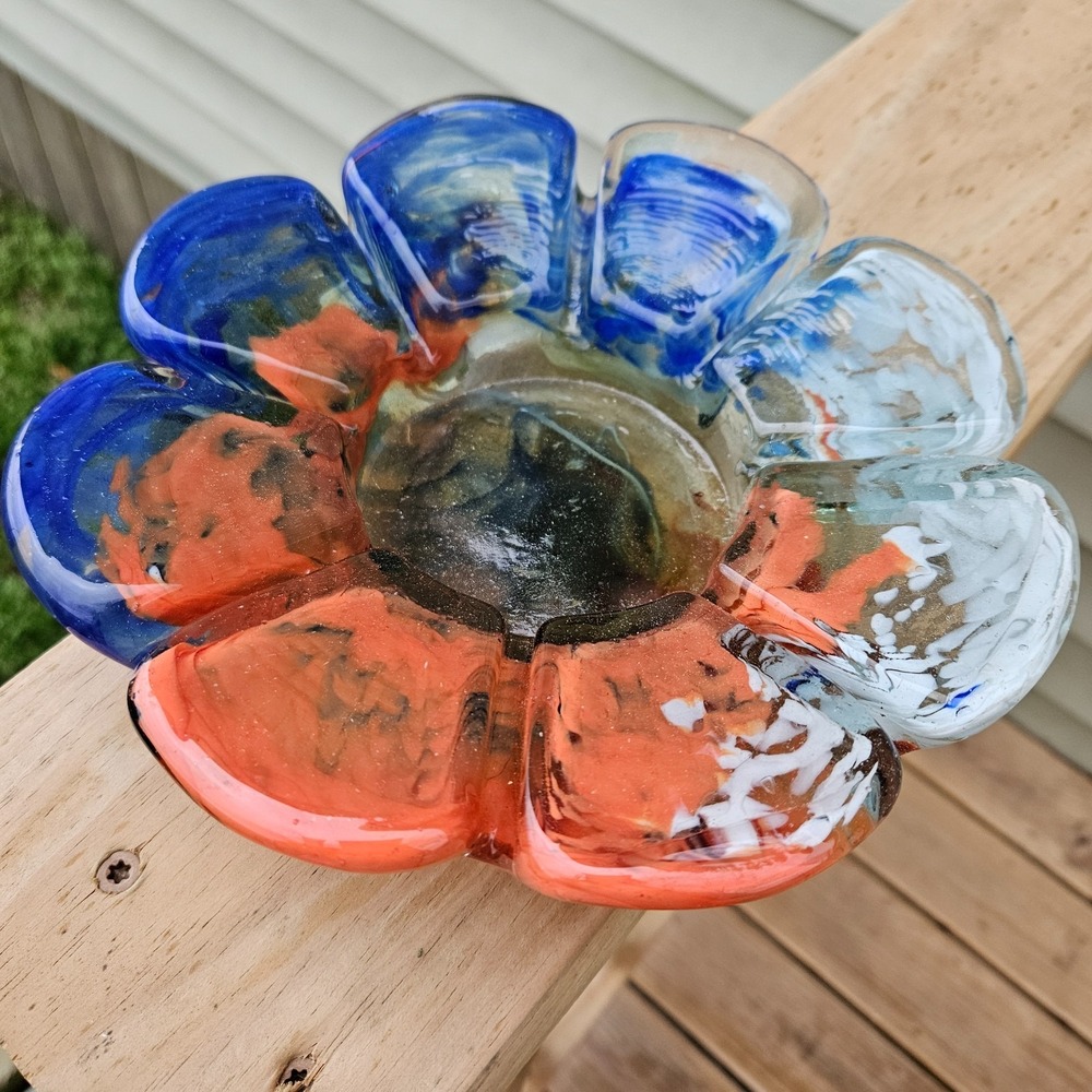 Vintage Hand Blown Art Glass Bowl Flower Petal Red Blue White Dish Ashtray MCM